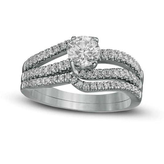 1.25 CT. T.W. Natural Diamond Wavy Bypass Split Shank Bridal Engagement Ring Set in Solid 10K White Gold