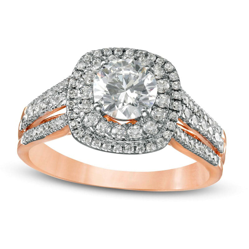 1.33 CT. T.W. Natural Diamond Double Cushion Frame Engagement Ring in Solid 10K Rose Gold