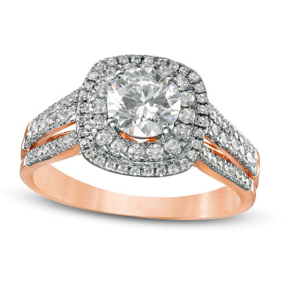 1.33 CT. T.W. Natural Diamond Double Cushion Frame Engagement Ring in Solid 10K Rose Gold