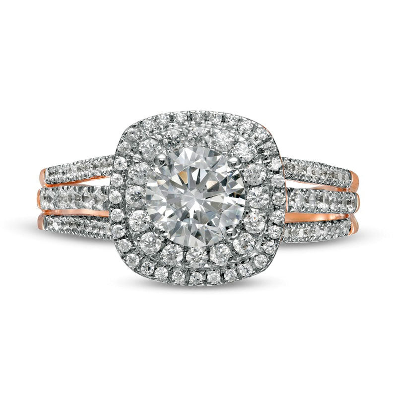 1.33 CT. T.W. Natural Diamond Double Cushion Frame Engagement Ring in Solid 10K Rose Gold