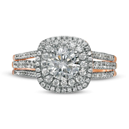 1.33 CT. T.W. Natural Diamond Double Cushion Frame Engagement Ring in Solid 10K Rose Gold