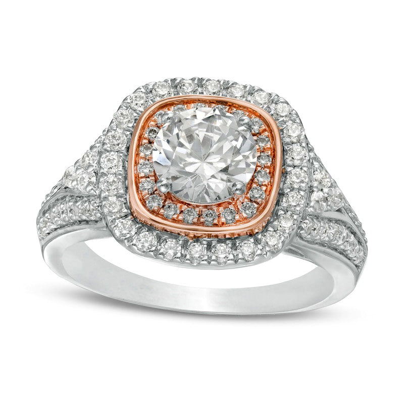 1.88 CT. T.W. Natural Diamond Double Cushion Frame Engagement Ring in Solid 10K Two-Tone Gold