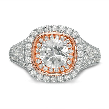 1.88 CT. T.W. Natural Diamond Double Cushion Frame Engagement Ring in Solid 10K Two-Tone Gold