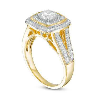 1.33 CT. T.W. Natural Diamond Cushion Frame Split Shank Antique Vintage-Style Engagement Ring in Solid 10K Yellow Gold