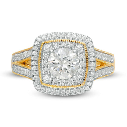 1.33 CT. T.W. Natural Diamond Cushion Frame Split Shank Antique Vintage-Style Engagement Ring in Solid 10K Yellow Gold