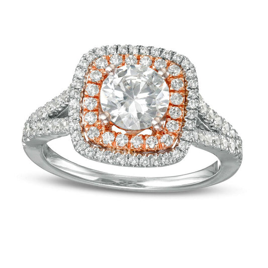 1.5 CT. T.W. Natural Diamond Double Cushion Frame Split Shank Engagement Ring in Solid 10K Two-Tone Gold