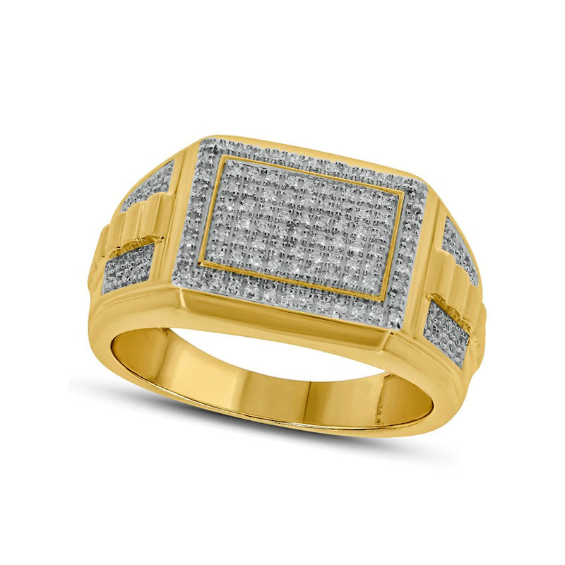 Men's 0.33 CT. T.W. Composite Natural Diamond Frame Rectangle-Top Ribbed Shank Ring in Solid 10K Yellow Gold