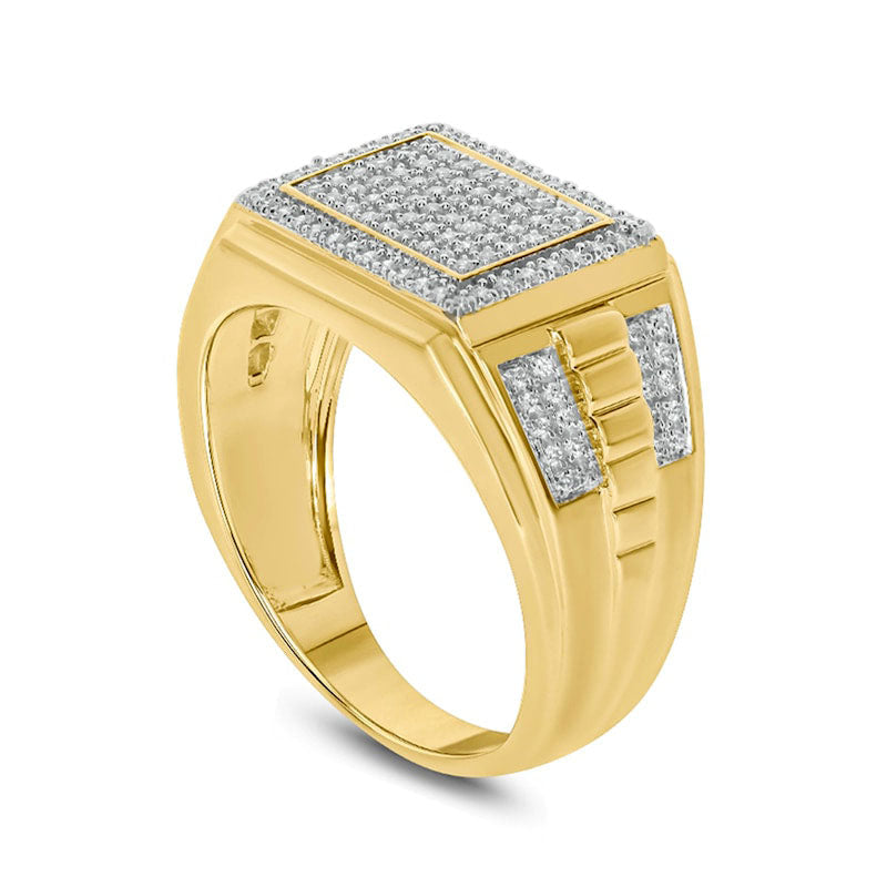 Men's 0.33 CT. T.W. Composite Natural Diamond Frame Rectangle-Top Ribbed Shank Ring in Solid 10K Yellow Gold