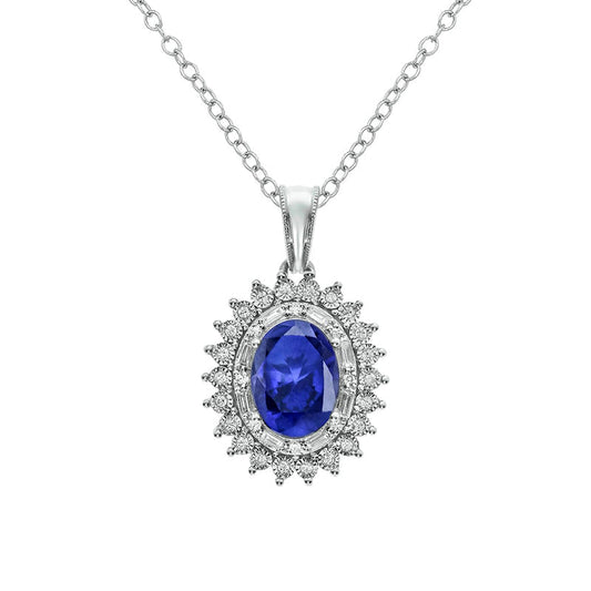 Oval Lab-Created Blue Sapphire and 0.13 CT. T.W. Diamond Starburst Double Frame Drop Pendant in Sterling Silver
