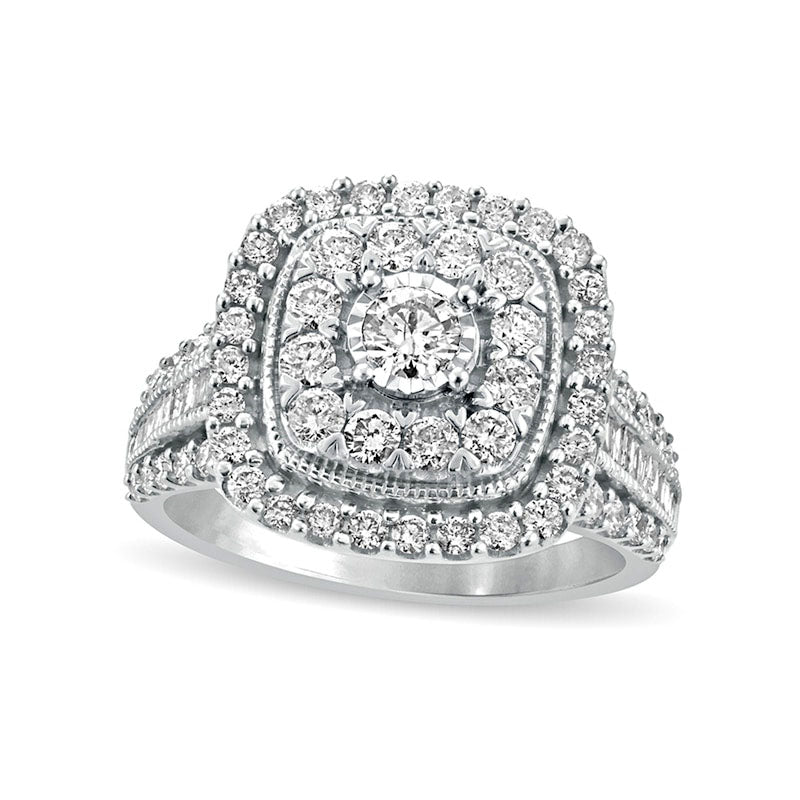 1.5 CT. T.W. Natural Diamond Double Cushion Frame Antique Vintage-Style Engagement Ring in Solid 10K White Gold