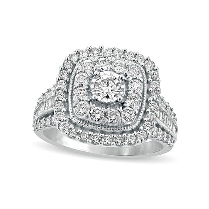 1.5 CT. T.W. Natural Diamond Double Cushion Frame Antique Vintage-Style Engagement Ring in Solid 10K White Gold