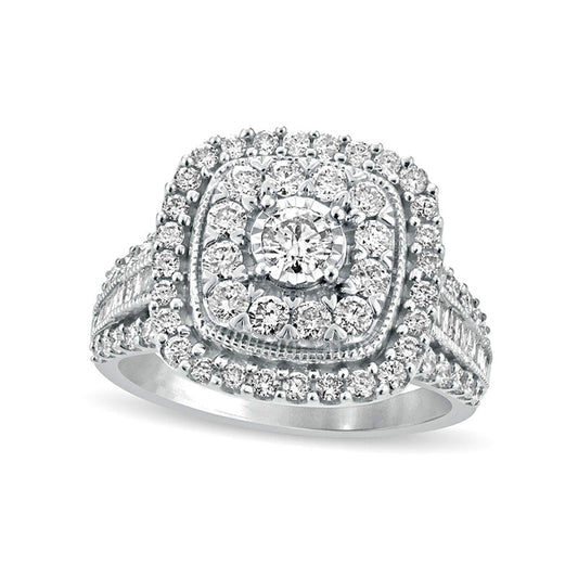 1.5 CT. T.W. Natural Diamond Double Cushion Frame Antique Vintage-Style Engagement Ring in Solid 10K White Gold