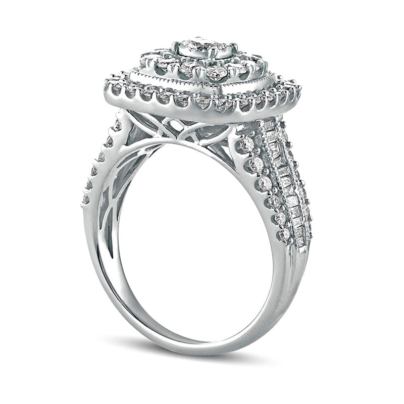1.5 CT. T.W. Natural Diamond Double Cushion Frame Antique Vintage-Style Engagement Ring in Solid 10K White Gold
