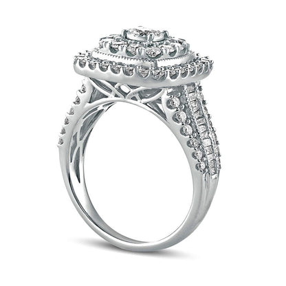 1.5 CT. T.W. Natural Diamond Double Cushion Frame Antique Vintage-Style Engagement Ring in Solid 10K White Gold