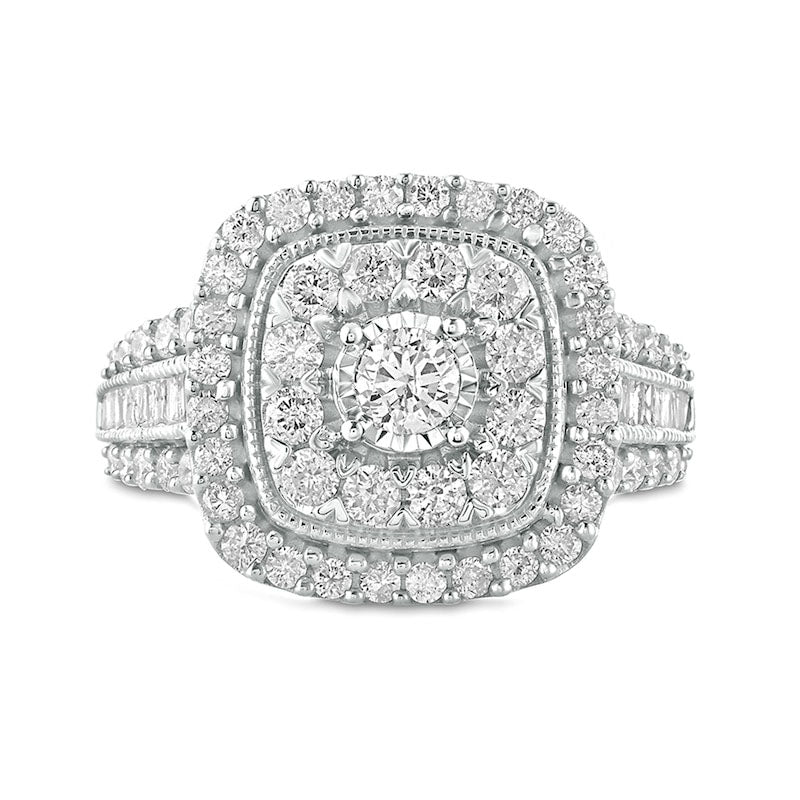 1.5 CT. T.W. Natural Diamond Double Cushion Frame Antique Vintage-Style Engagement Ring in Solid 10K White Gold