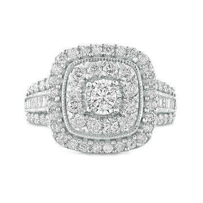 1.5 CT. T.W. Natural Diamond Double Cushion Frame Antique Vintage-Style Engagement Ring in Solid 10K White Gold