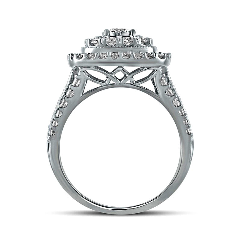 1.5 CT. T.W. Natural Diamond Double Cushion Frame Antique Vintage-Style Engagement Ring in Solid 10K White Gold