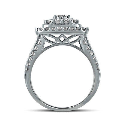 1.5 CT. T.W. Natural Diamond Double Cushion Frame Antique Vintage-Style Engagement Ring in Solid 10K White Gold