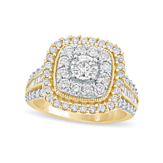 1.5 CT. T.W. Natural Diamond Double Cushion Frame Antique Vintage-Style Engagement Ring in Solid 10K Yellow Gold