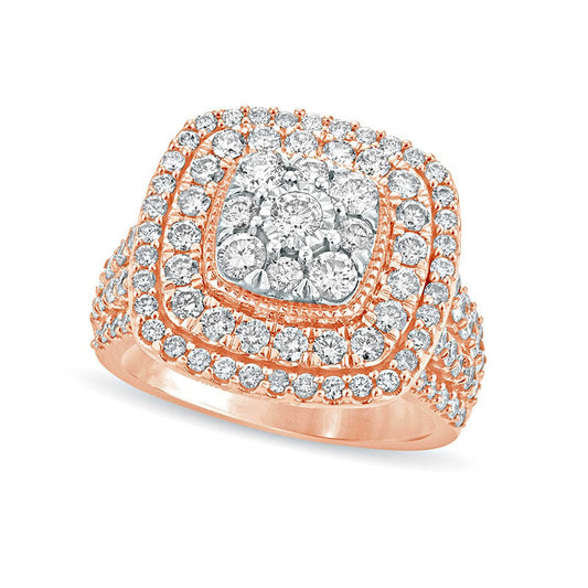 2.0 CT. T.W. Composite Natural Diamond Double Cushion Frame Engagement Ring in Solid 10K Rose Gold