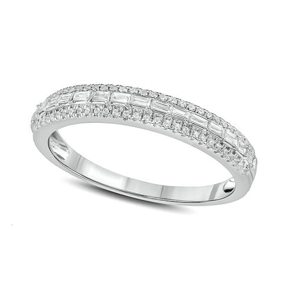 0.25 CT. T.W. Baguette and Round Natural Diamond Multi-Row Band in Solid 10K White Gold