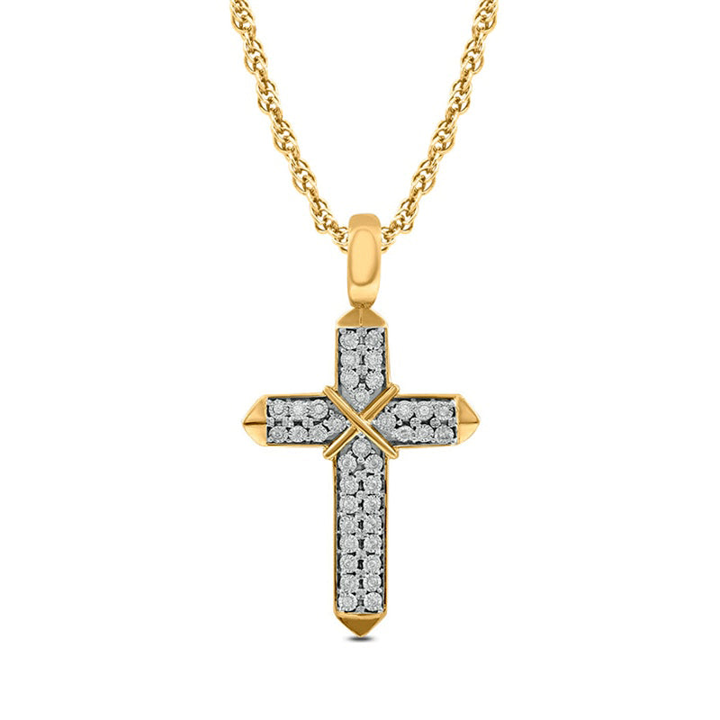 Men's 0.13 CT. T.W. Natural Diamond Double Row X" Cross Pendant in 10K Yellow Gold"