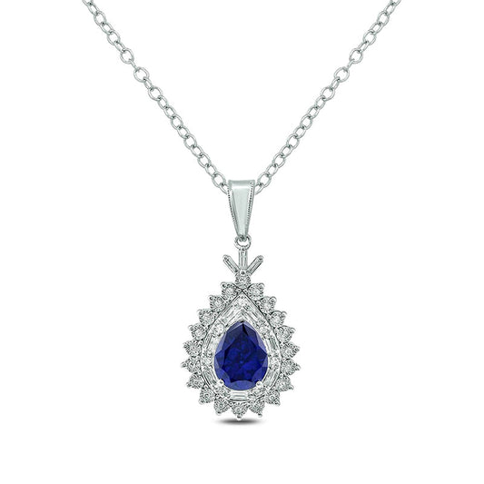 Pear-Shaped Lab-Created Blue Sapphire and 0.2 CT. T.W. Diamond Starburst Double Frame Drop Pendant in Sterling Silver