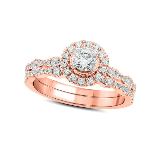 1.0 CT. T.W. Natural Diamond Frame Antique Vintage-Style Bridal Engagement Ring Set in Solid 10K Rose Gold