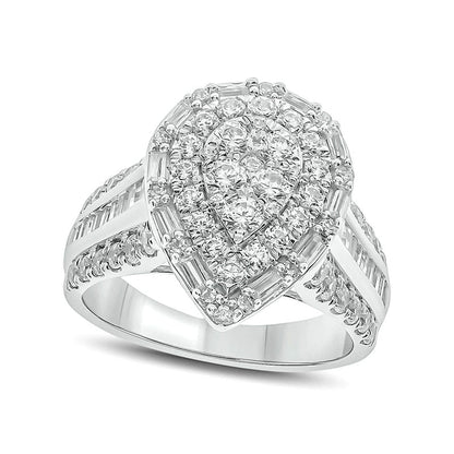 2.0 CT. T.W. Baguette and Round Composite Natural Diamond Teardrop Frame Multi-Row Engagement Ring in Solid 10K White Gold