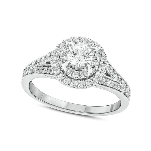 1.0 CT. T.W. Natural Diamond Double Frame Split Shank Antique Vintage-Style Engagement Ring in Solid 10K White Gold