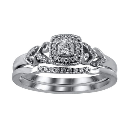 0.25 CT. T.W. Natural Diamond Cushion Frame Heart-Sides Antique Vintage-Style Bridal Engagement Ring Set in Sterling Silver
