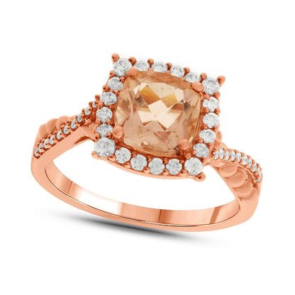7.0mm Cushion-Cut Morganite and 0.33 CT. T.W. Natural Diamond Frame Twist Shank Engagement Ring in Solid 10K Rose Gold