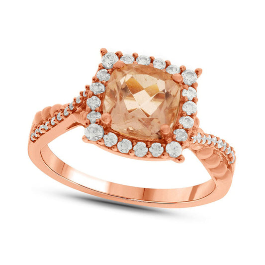 7.0mm Cushion-Cut Morganite and 0.33 CT. T.W. Natural Diamond Frame Twist Shank Engagement Ring in Solid 10K Rose Gold
