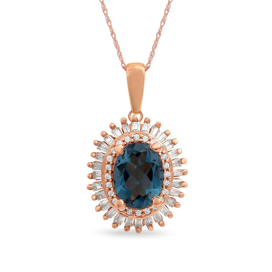 Oval London Blue Topaz and 0.25 CT. T.W. Baguette and Round Natural Diamond Double Frame Pendant in 10K Rose Gold
