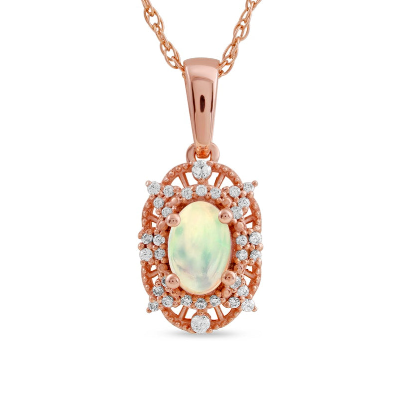Oval Opal and 0.1 CT. T.W. Natural Diamond Bead Frame Sunburst Pendant in 10K Rose Gold