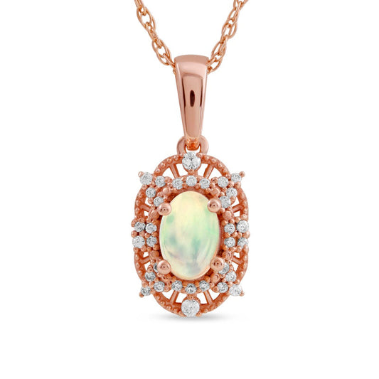 Oval Opal and 0.1 CT. T.W. Natural Diamond Bead Frame Sunburst Pendant in 10K Rose Gold