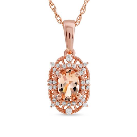 Oval Morganite and 0.1 CT. T.W. Natural Diamond Bead Frame Sunburst Pendant in 10K Rose Gold
