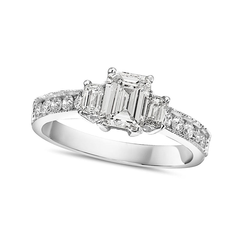 1.13 CT. T.W. Emerald-Cut Natural Diamond Three Stone Antique Vintage-Style Engagement Ring in Solid 14K White Gold