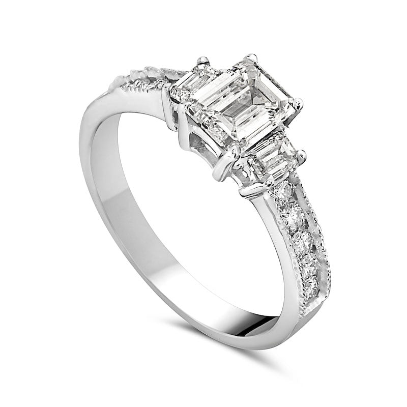 1.13 CT. T.W. Emerald-Cut Natural Diamond Three Stone Antique Vintage-Style Engagement Ring in Solid 14K White Gold