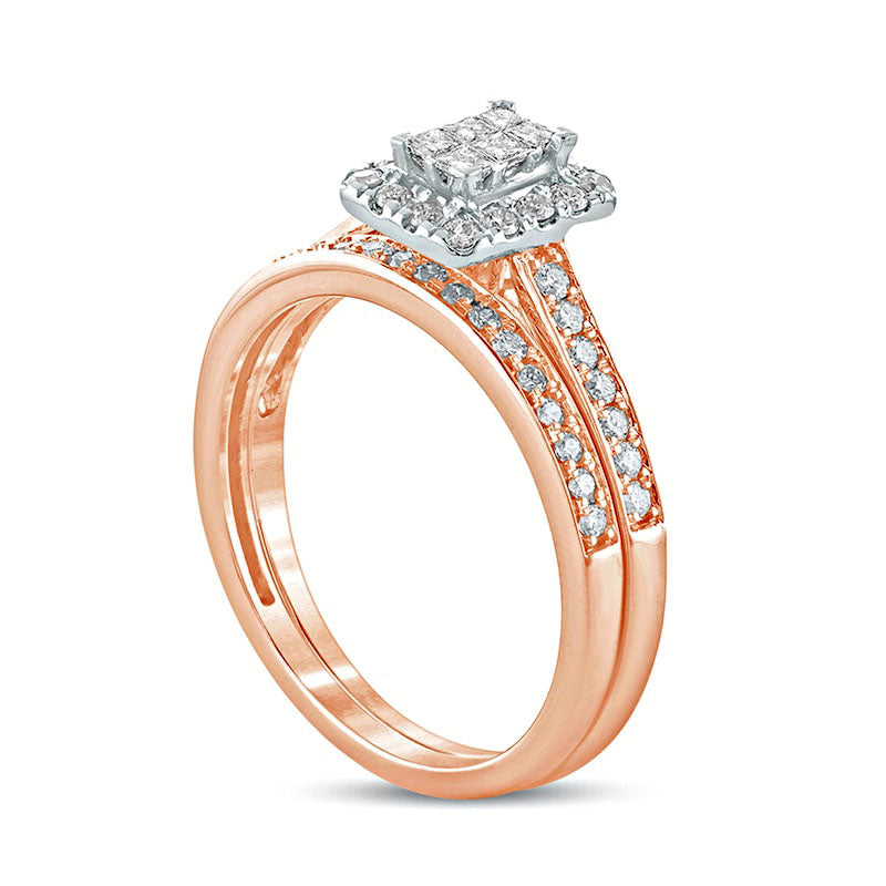 0.50 CT. T.W. Princess-Cut Composite Natural Diamond Rectangle Frame Bridal Engagement Ring Set in Solid 10K Rose Gold