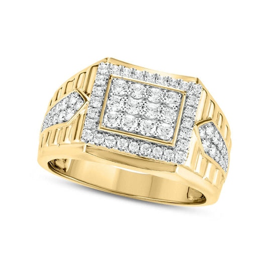 Men's 1.0 CT. T.W. Composite Natural Diamond Frame Rectangle-Top Pointed Double Row Ribbed Shank Ring in Solid 10K Yellow Gold