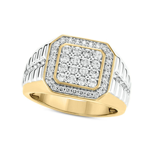 Men's 1.0 CT. T.W. Composite Natural Diamond Octagonal Frame Ribbed Shank Ring in Solid 10K Two-Tone Gold