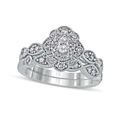 0.63 CT. T.W. Oval Natural Diamond Double Petal Frame Antique Vintage-Style Bridal Engagement Ring Set in Solid 10K White Gold