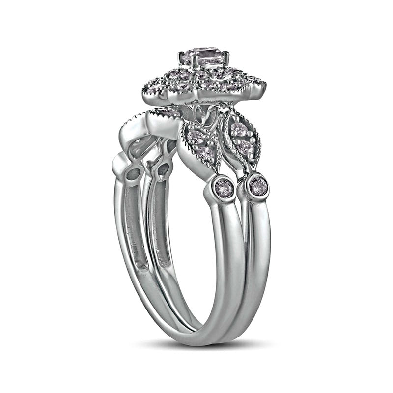 0.63 CT. T.W. Oval Natural Diamond Double Petal Frame Antique Vintage-Style Bridal Engagement Ring Set in Solid 10K White Gold