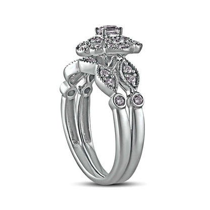 0.63 CT. T.W. Oval Natural Diamond Double Petal Frame Antique Vintage-Style Bridal Engagement Ring Set in Solid 10K White Gold