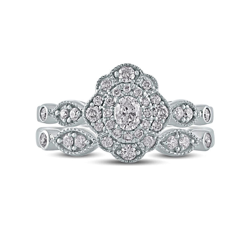 0.63 CT. T.W. Oval Natural Diamond Double Petal Frame Antique Vintage-Style Bridal Engagement Ring Set in Solid 10K White Gold