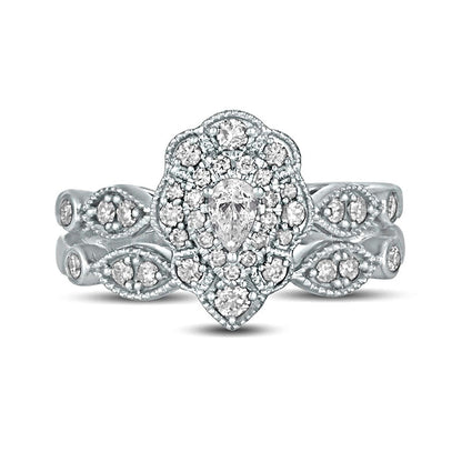 0.63 CT. T.W. Pear-Shaped Natural Diamond Double Petal Frame Antique Vintage-Style Bridal Engagement Ring Set in Solid 10K White Gold