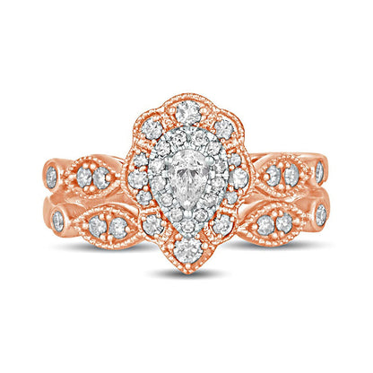 0.63 CT. T.W. Pear-Shaped Natural Diamond Double Petal Frame Antique Vintage-Style Bridal Engagement Ring Set in Solid 10K Rose Gold