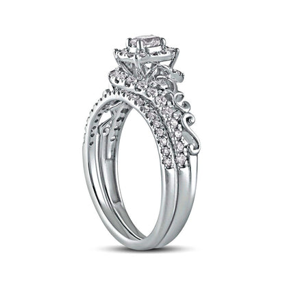 0.63 CT. T.W. Oval Natural Diamond Frame Filigree Bypass Bridal Engagement Ring Set in Solid 10K White Gold
