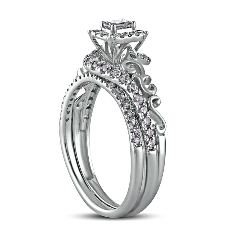 0.63 CT. T.W. Emerald-Cut Natural Diamond Frame Filigree Bypass Bridal Engagement Ring Set in Solid 10K White Gold